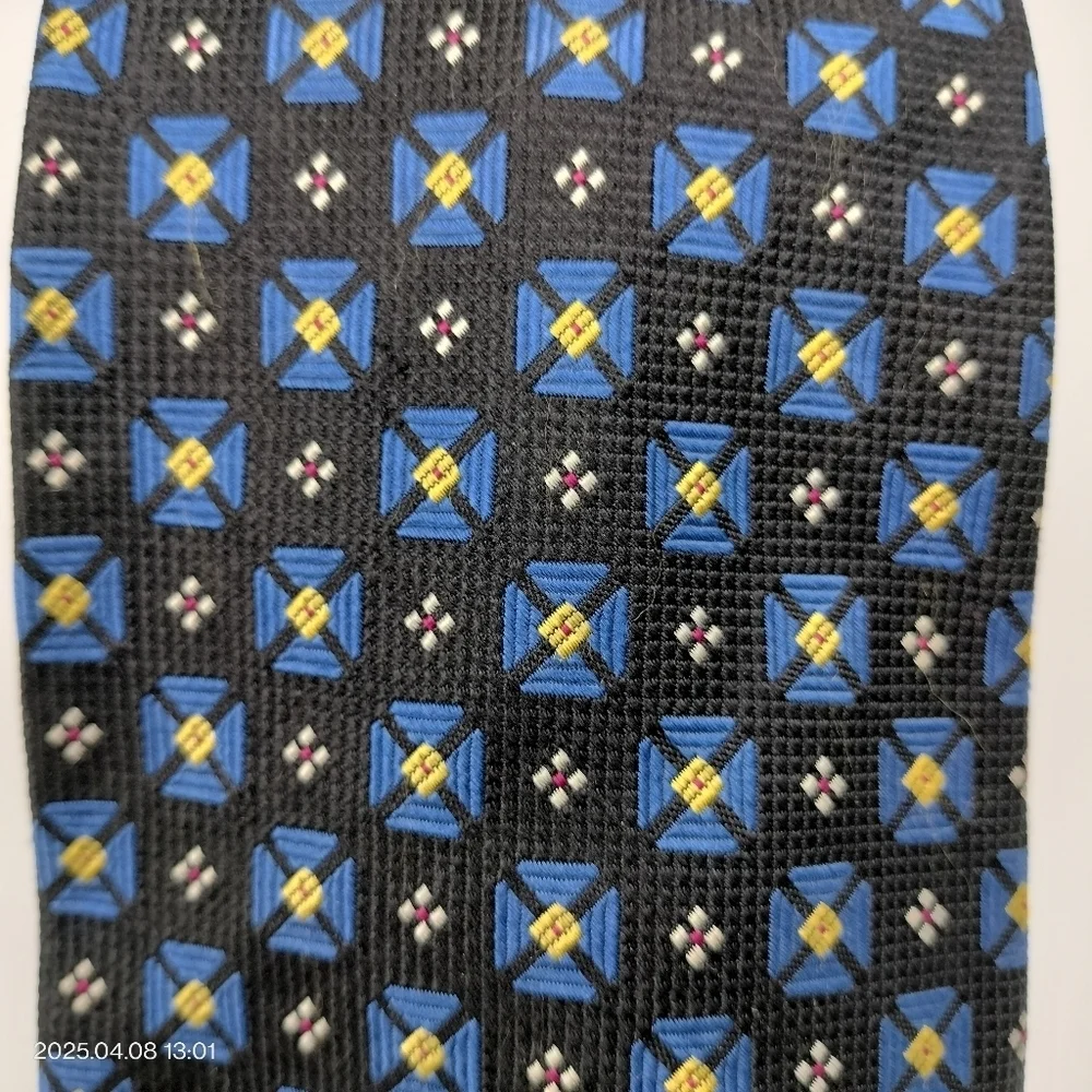 Paul Frederick Necktie Black Blue Yellow Accent Geometric Textured Men's Silk